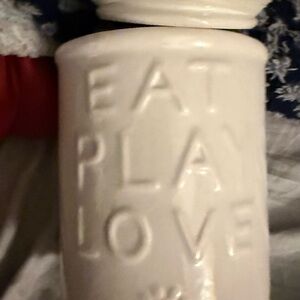 White Ceramic Jar with 'Eat Play Love' Text